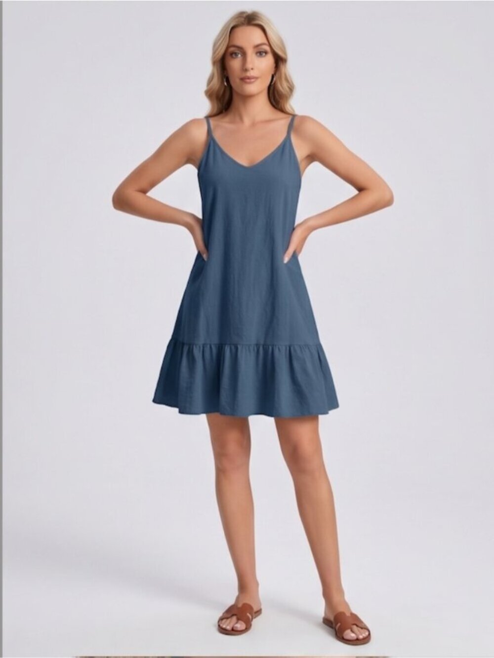 Cotton Spaghetti Strap Ruffled Mini Sundress Blue